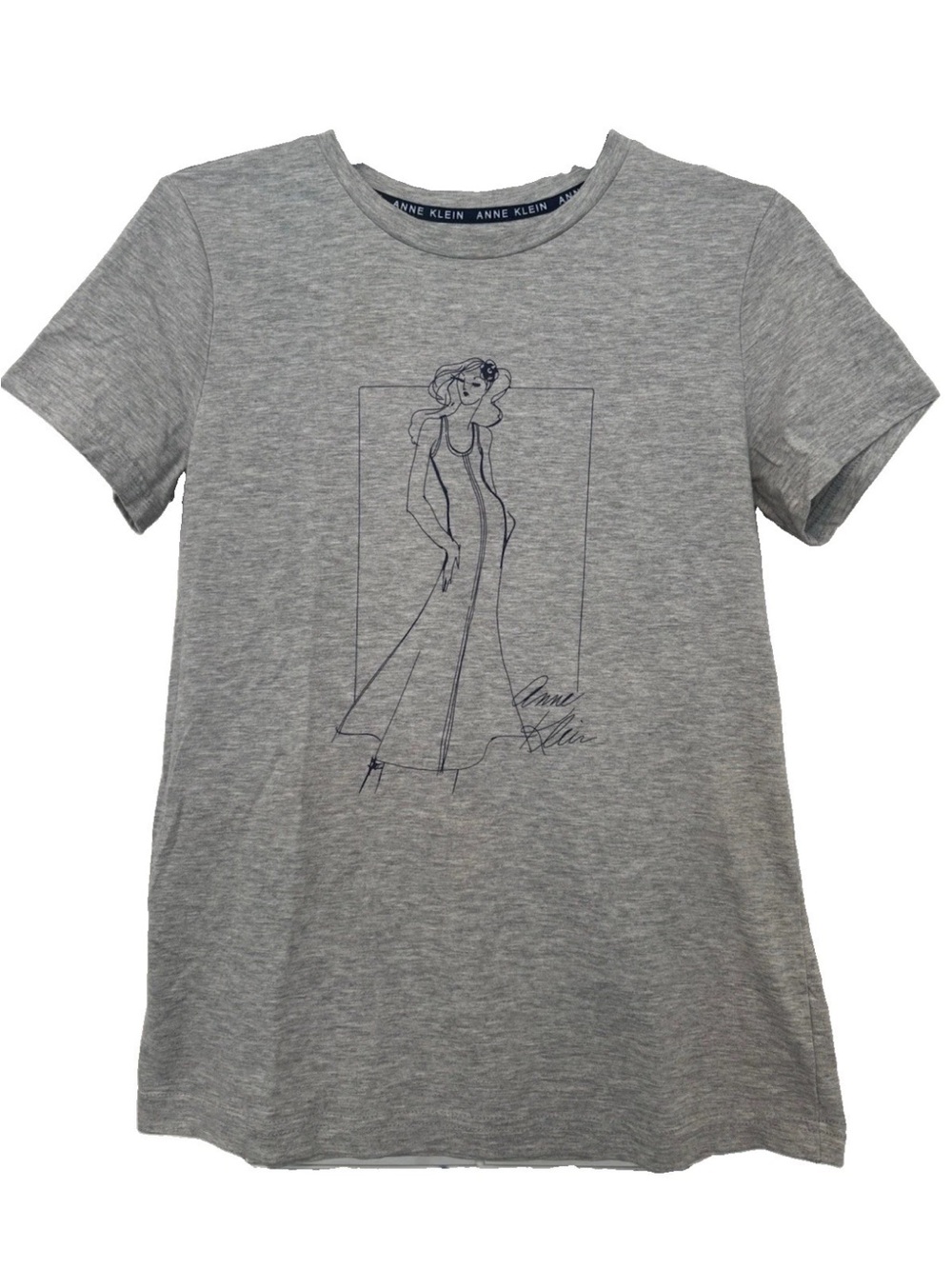 Anne Klein Gray Tee Shirt with Navy Line Art & Logo Crew Neck Short Sleeve
